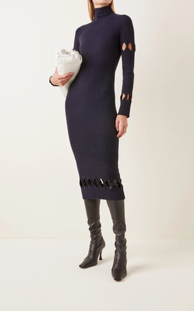 Shop Victoria Beckham Argyle-cutout Ribbed-knit Mockneck Sweater Dress In Navy