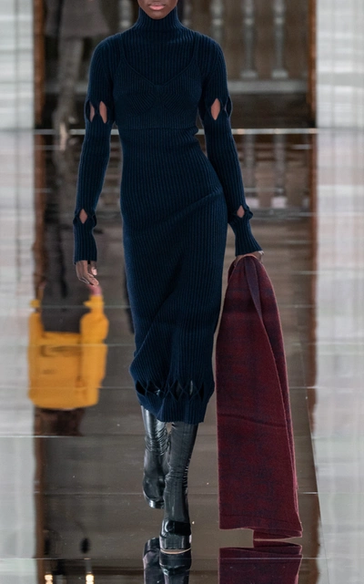 Shop Victoria Beckham Argyle-cutout Ribbed-knit Mockneck Sweater Dress In Navy