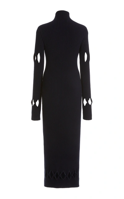 Shop Victoria Beckham Argyle-cutout Ribbed-knit Mockneck Sweater Dress In Navy