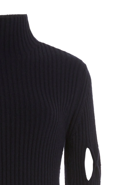 Shop Victoria Beckham Argyle-cutout Ribbed-knit Mockneck Sweater Dress In Navy