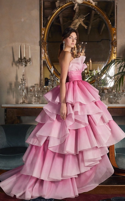 Marchesa Tiered-ruffle Strapless Tulle Gown In Pink | ModeSens