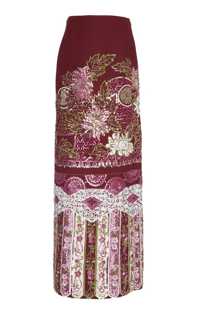 Shop Valentino Embellished Wool Silk Maxi Skirt In Burgundy