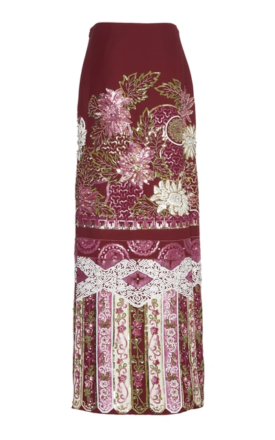 Shop Valentino Embellished Wool Silk Maxi Skirt In Burgundy
