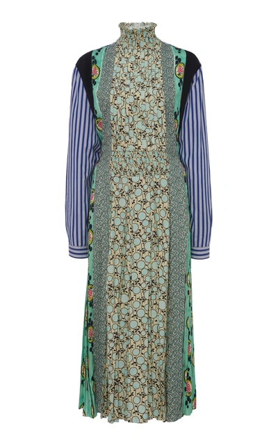 Shop Prada Patchwork Smocked Crepe Midi Dress In Print