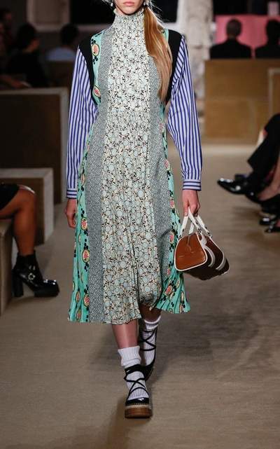 Prada Pintucked Pleated Printed Cotton-poplin And Crepe De Chine Midi Dress In Print