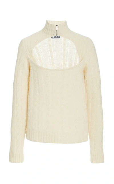 Shop Ganni Cut-out Wool-blend Knit Top In White