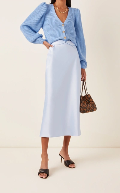 Shop Anna October Dido Belted Satin Midi Skirt In Blue