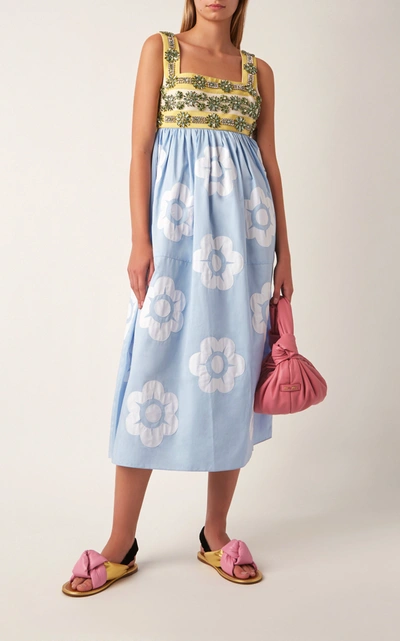 Shop Miu Miu Women's Floral-embellished Cotton Midi Dress In Print