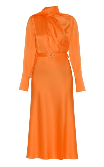 Shop Materiel Women's Belted Scarf-neck Silk Midi Dress In Orange