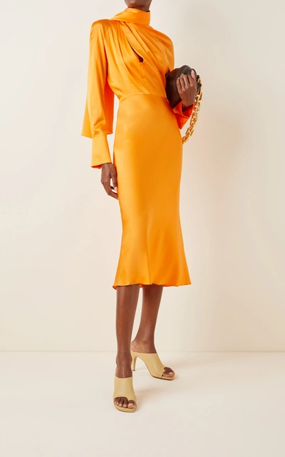 Shop Materiel Women's Belted Scarf-neck Silk Midi Dress In Orange