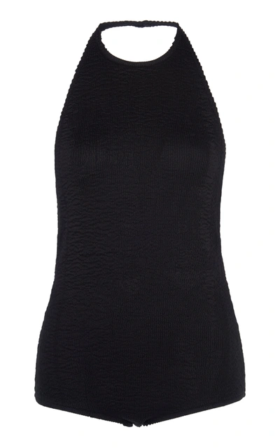Shop Bottega Veneta Women's Crinkled Stretch-jersey Halterneck Bodysuit In Black,white