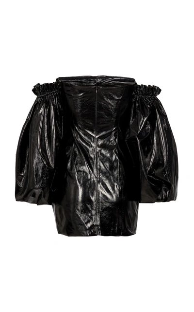Shop Rotate Birger Christensen Phoebe Off-the-shoulder Ruched Vinyl Mini Dress In Black