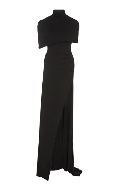 Shop Brandon Maxwell Capelet Front-slit Jersey Maxi Dress In Black