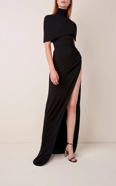 Shop Brandon Maxwell Capelet Front-slit Jersey Maxi Dress In Black