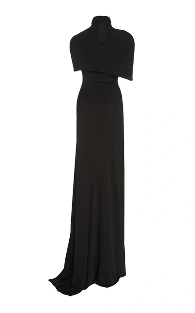 Shop Brandon Maxwell Capelet Front-slit Jersey Maxi Dress In Black