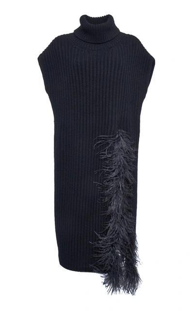 Shop Valentino Feather-trimmed Wool-cashmere Turtleneck Top In Black