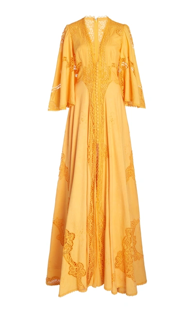 Shop Costarellos Bessa Belted Lace-detailed Linen-cotton Gown In Orange