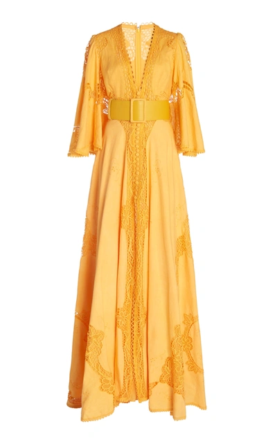Shop Costarellos Bessa Belted Lace-detailed Linen-cotton Gown In Orange