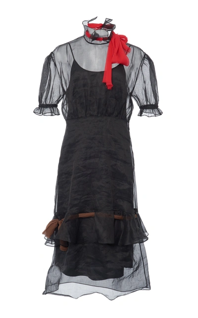 Shop Miu Miu Women's Tie-detailed Organza Midi Dress In Black