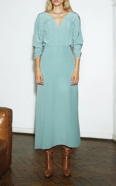 Shop Victoria Beckham Ruched Silk Midi Dress In Blue