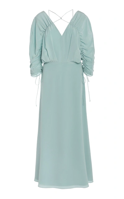 Shop Victoria Beckham Ruched Silk Midi Dress In Blue