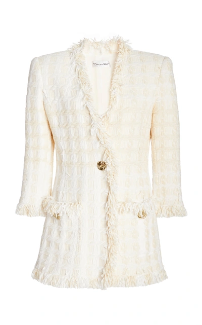 Shop Oscar De La Renta Fringed Cotton-blend Tweed Blazer In White