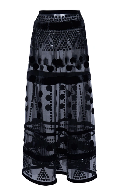 Shop Valentino Sequin-embellished Flocked Tulle Maxi Skirt In Black