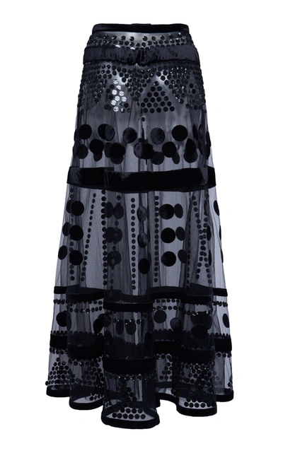 Shop Valentino Sequin-embellished Flocked Tulle Maxi Skirt In Black
