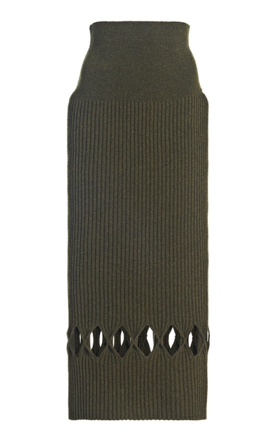 Shop Victoria Beckham Cutout Ribbed-knit Wool-blend Midi Skirt In Green