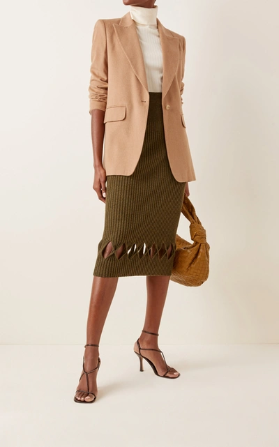 Shop Victoria Beckham Cutout Ribbed-knit Wool-blend Midi Skirt In Green