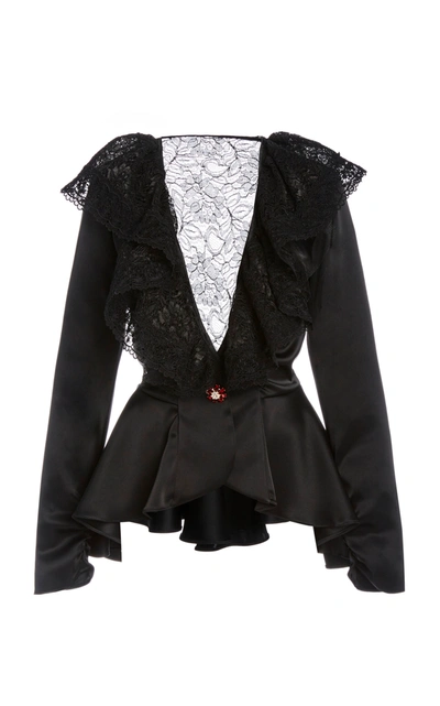 Shop Rodarte Women's Lace-paneled Ruffled Satin Peplum Top In Black