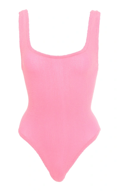 Shop Hunza G Square-neck Seersucker One-piece Swimsuit In Pink