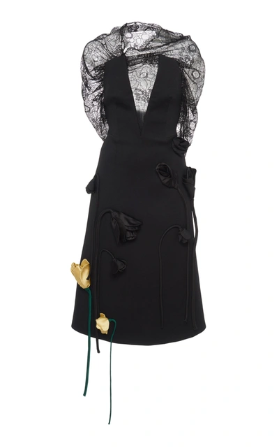 Shop Prada Deep V-neck Lace Appliquã© Midi Dress In Black