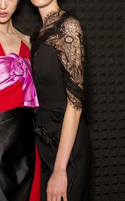 Shop Prada Deep V-neck Lace Appliquã© Midi Dress In Black