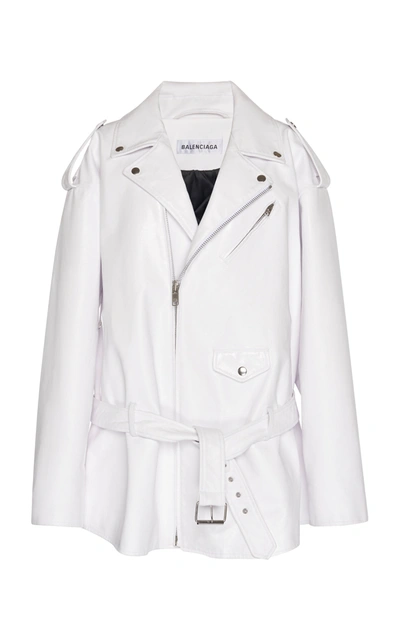 Shop Balenciaga Oversized Leather Biker Jacket In White