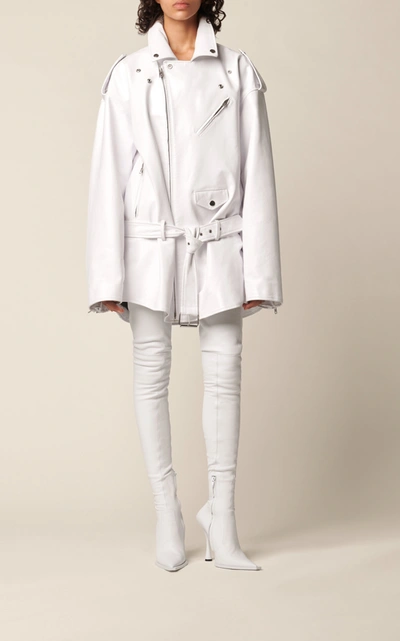 Shop Balenciaga Oversized Leather Biker Jacket In White