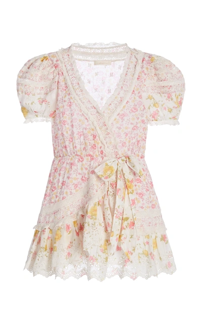 Shop Loveshackfancy Belen Patchwork Floral Cotton Wrap Mini Dress In Yellow
