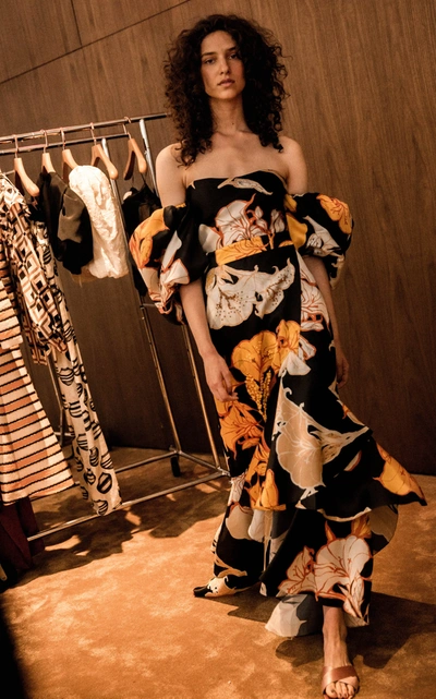 Shop Johanna Ortiz Off-the-shoulder Floral-print Silk Gown In Black