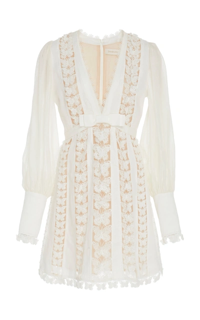 Shop Zimmermann Silk And Linen-blend Lace Mini Dress In White