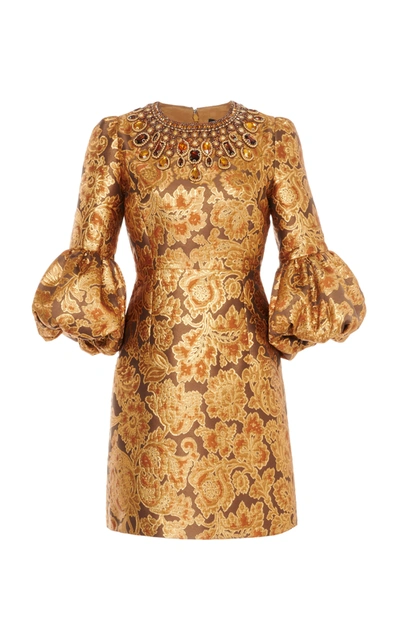 Shop Andrew Gn Crystal-embellished Floral Brocade Mini Dress In Gold