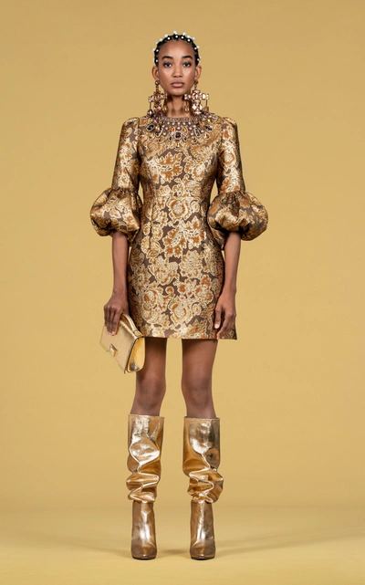 Shop Andrew Gn Crystal-embellished Floral Brocade Mini Dress In Gold