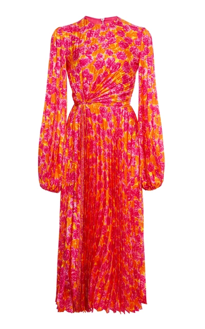 Shop Valentino Pleated Floral Silk Midi Dress