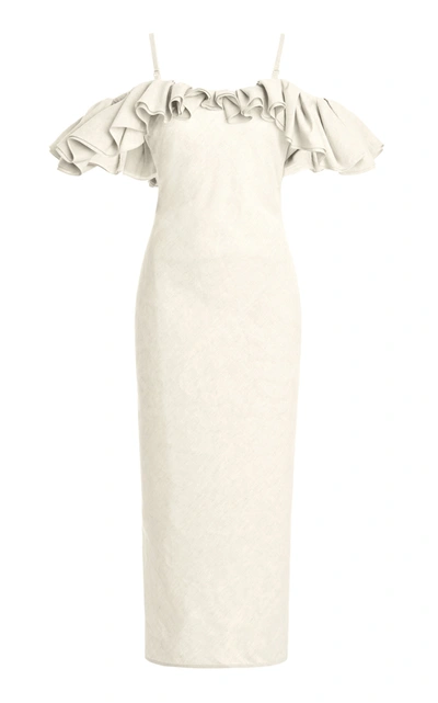 Shop Jacquemus Women's Pampelonne Ruffled Off-the-shoulder Cotton-blend Midi Dress In Neutral