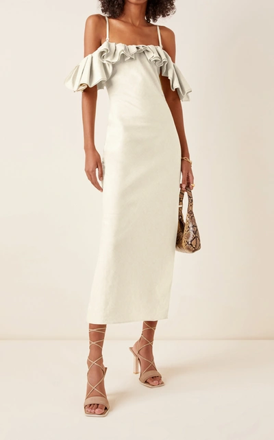 Shop Jacquemus Women's Pampelonne Ruffled Off-the-shoulder Cotton-blend Midi Dress In Neutral