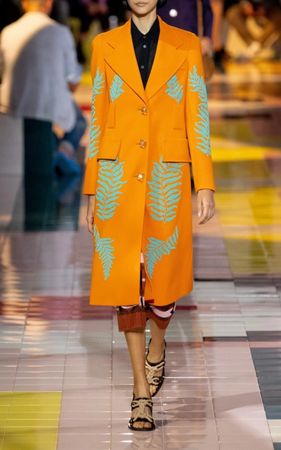Shop Prada Embellished Single-breasted Wool Coat In Orange