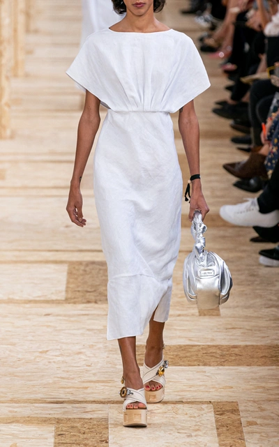 Miu Miu Women's Short-sleeve Open-back Linen Dress In White