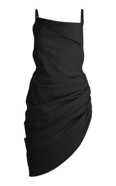 Shop Jacquemus Women's Saudade Asymmetric Draped Hemp-blend Mini Dress In Black,brown