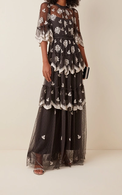 Shop Needle & Thread Amber Petal Embellished Tulle Gown In Black