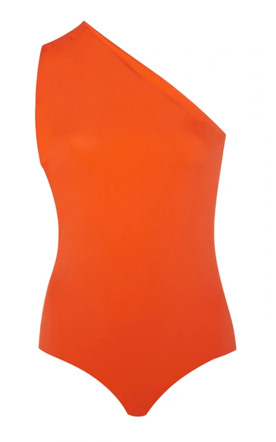 Shop Bottega Veneta Women's One-shoulder Stretch-jersey Swimsuit In Orange,brown