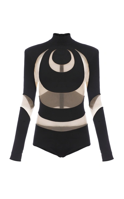 Shop Balmain Sheer-inset Circle-paneled Knit Bodysuit In Black